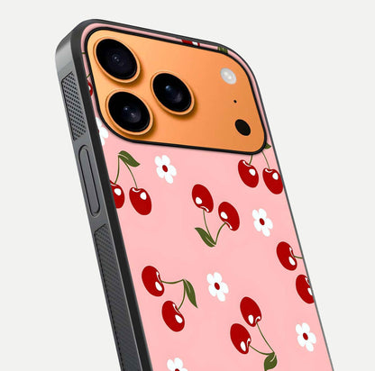 Cherry Love Mood Glass Case for iPhone 17 Pro Max close-up highlighting cherry heart pattern and reflection shine