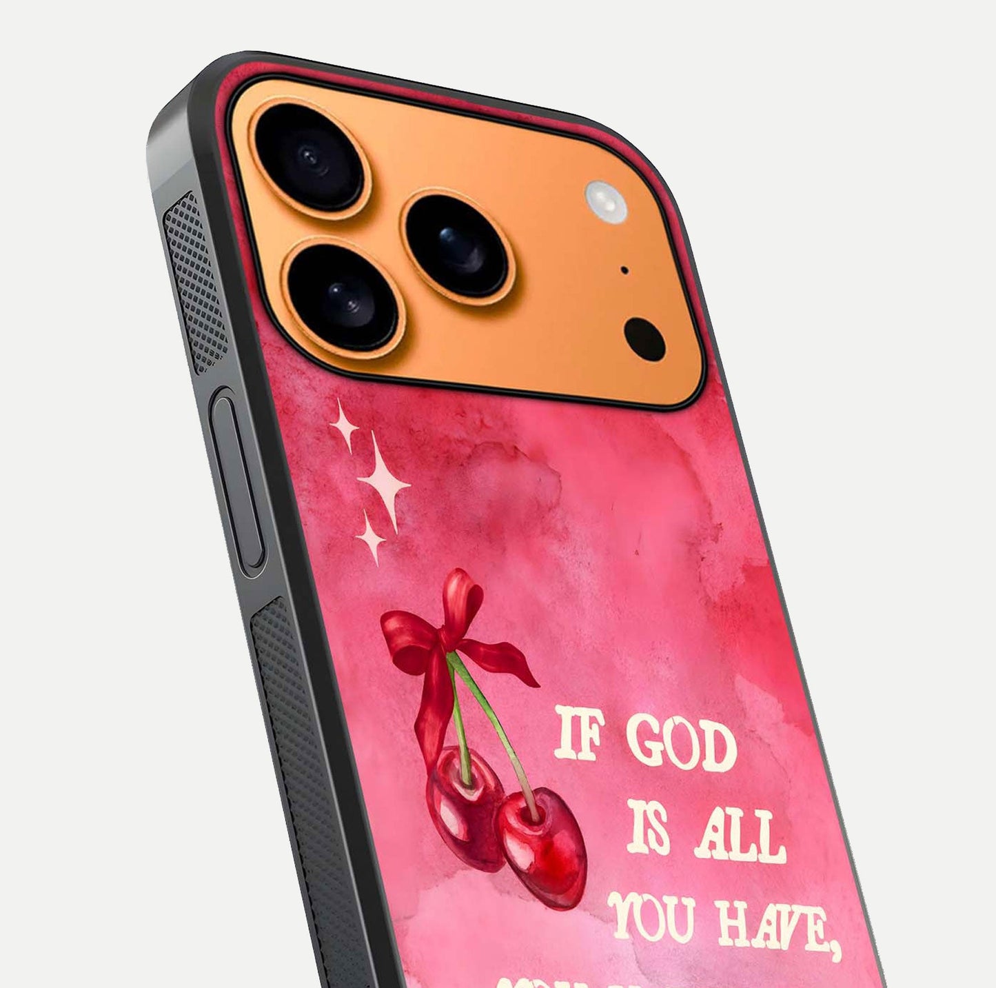 Cherry Quote Glass Case for iPhone 17 Pro Max close-up showing printed quote detail and HD reflection gloss