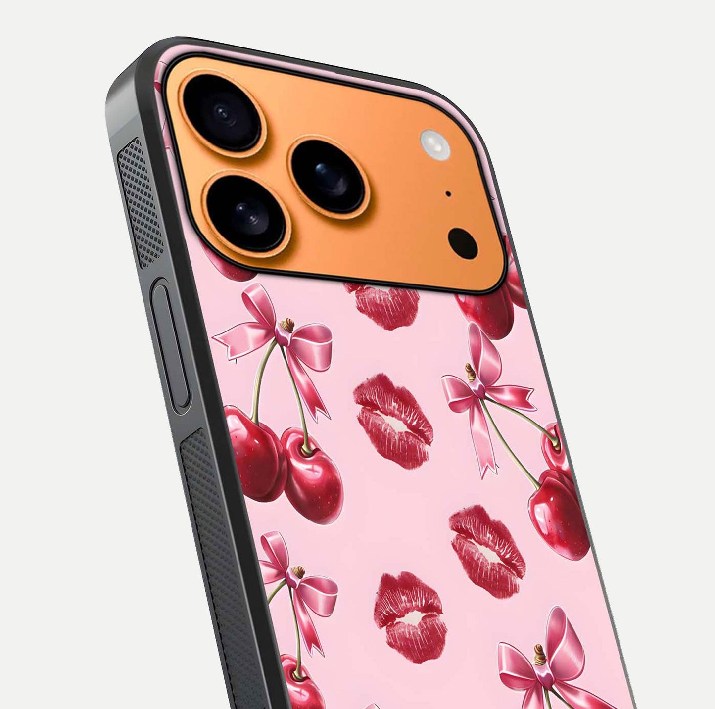 Cherry With Lips Glass Case for iPhone 17 Pro Max close-up view highlighting lips texture and reflection shine