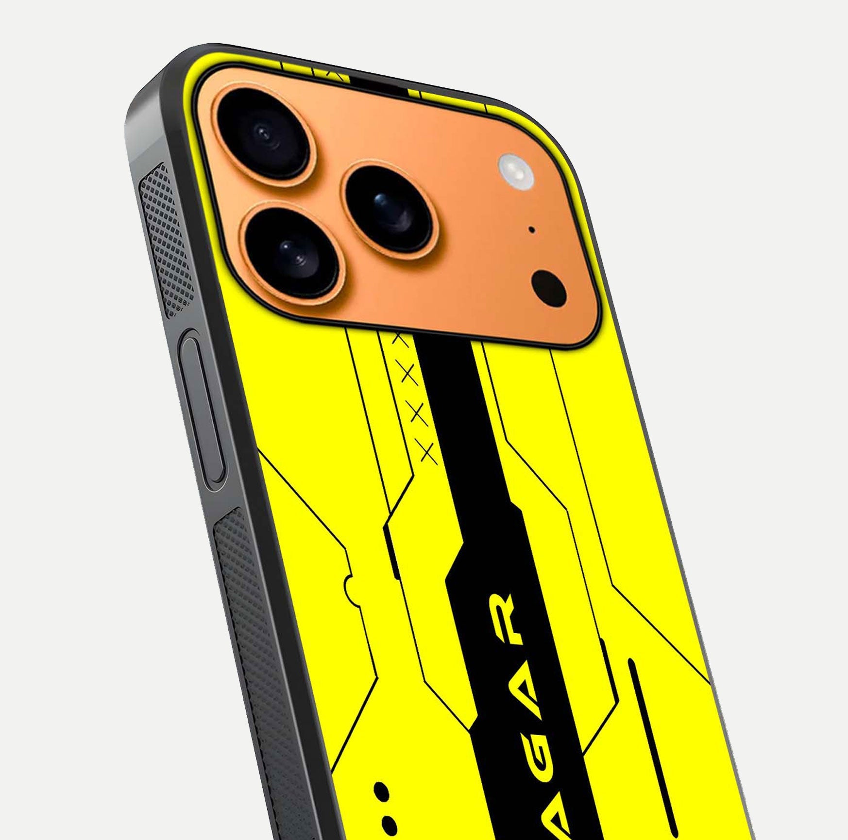 Circuit CYBERPUNK Custom Name Glass Case for iPhone 17 Pro Max close-up highlighting neon lines, futuristic tones, and gloss reflection