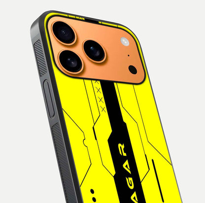 Circuit CYBERPUNK Custom Name Glass Case for iPhone 17 Pro Max close-up highlighting neon lines, futuristic tones, and gloss reflection