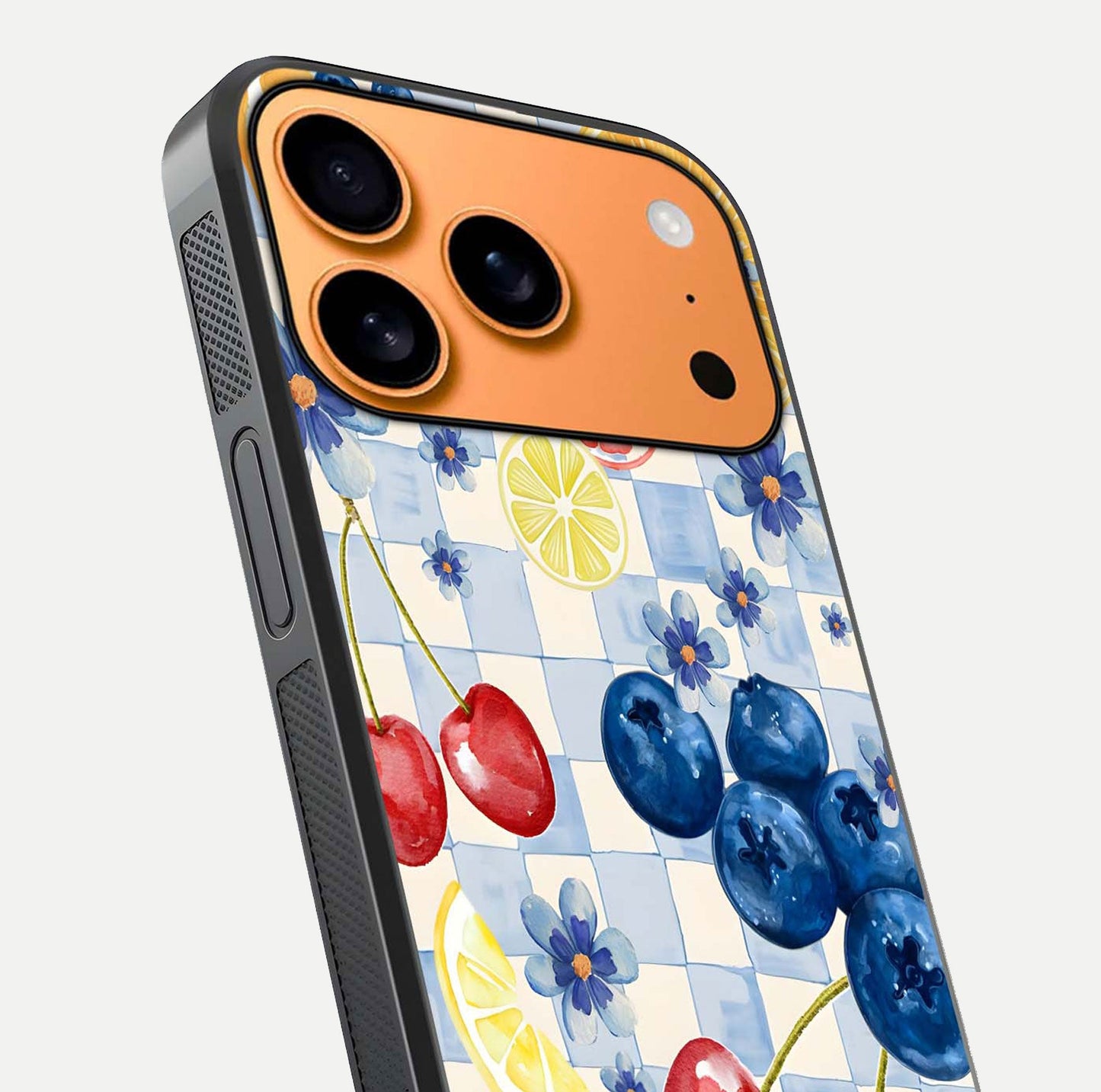 Citrus Bloom Joy Glass Case for iPhone 17 Pro Max close-up highlighting orange blossoms and reflection detail