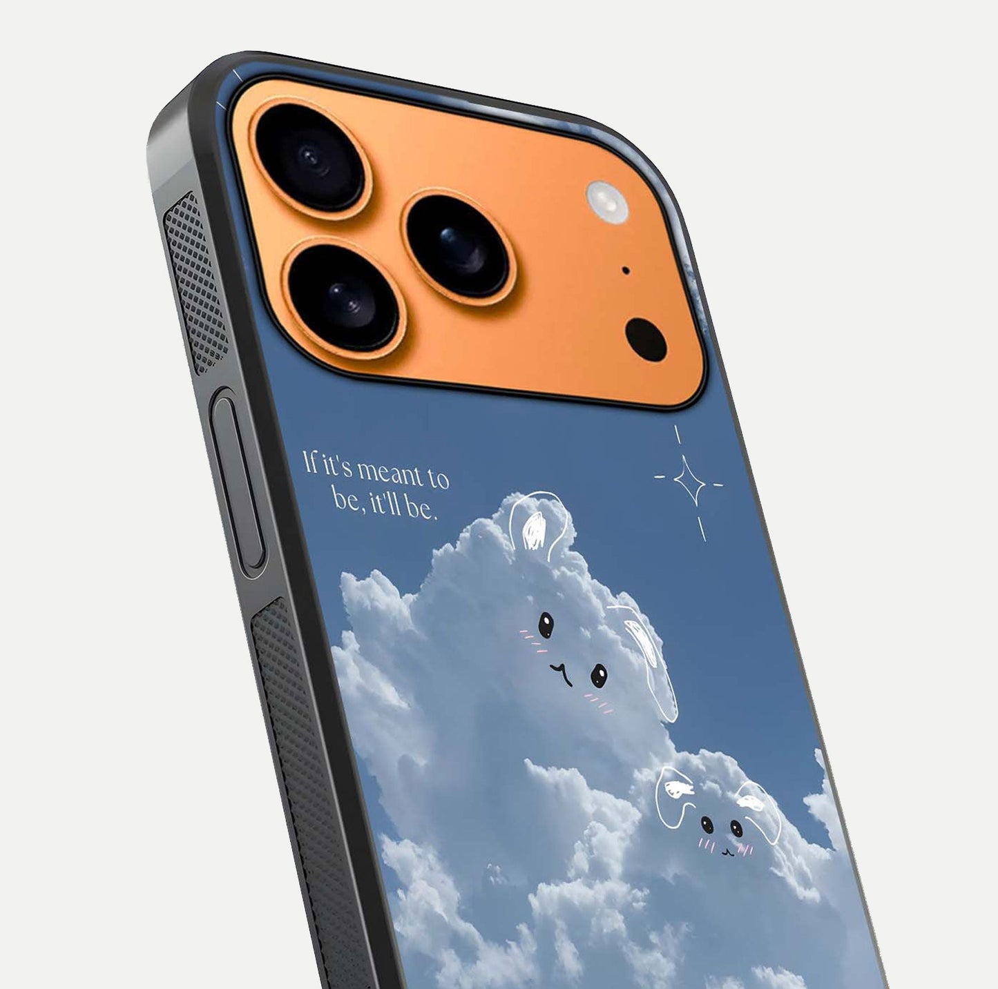 Cloud Bunny Dreams Glass Case for iPhone 17 Pro Max close-up showing bunny art, dreamy clouds, and HD shine
