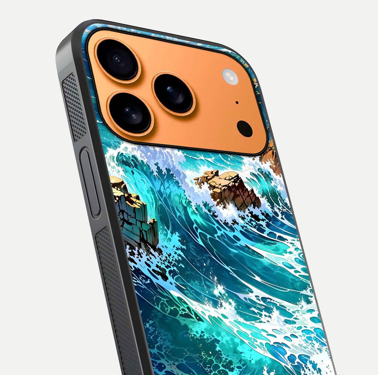 Coastal Blue Waves Glass Case for iPhone 17 Pro Max close-up highlighting wave texture and blue shine