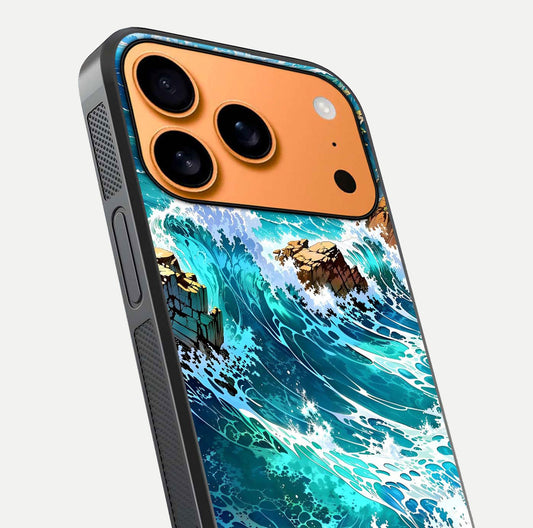 Coastal Blue Waves Glass Case for iPhone 17 Pro Max close-up highlighting wave texture and blue shine