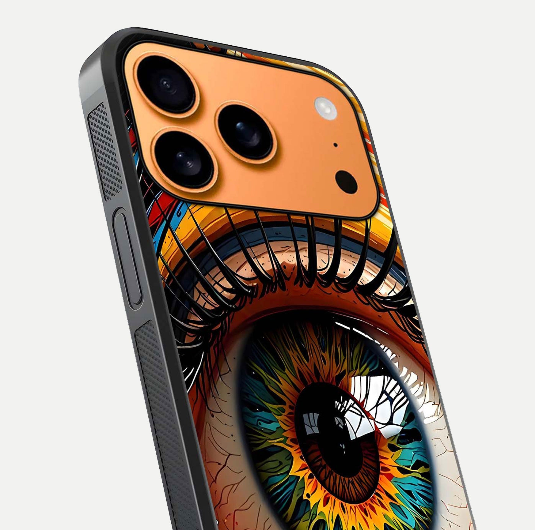 Colorful Eye Glass Case for iPhone 17 Pro Max close-up highlighting eye pattern detail and reflection shine