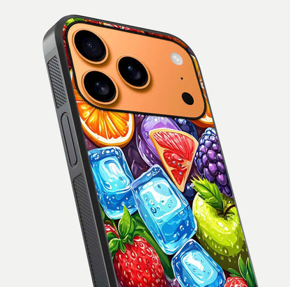 Colorful Fruits with Ice Glass Case for iPhone 17 Pro Max close-up highlighting fruit color and reflection glow