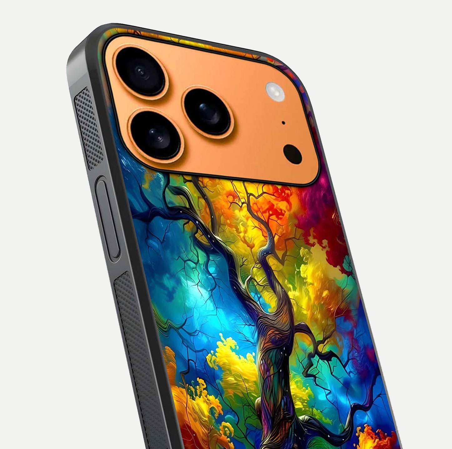 Colorful Tree Glass Case for iPhone 17 Pro Max close-up highlighting leaf detail, gradient colors, and shine
