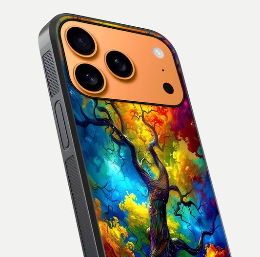 Colorful Tree Glass Case for iPhone 17 Pro Max close-up highlighting leaf detail, gradient colors, and shine