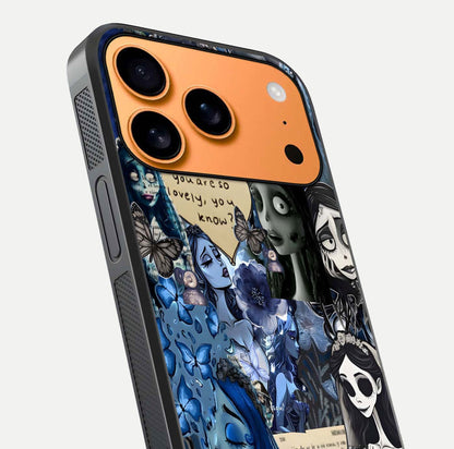 Corpse Bride Posters Glass Case for iPhone 17 Pro Max close-up highlighting detailed artwork and reflection polish