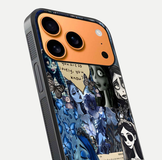Corpse Bride Posters Glass Case for iPhone 17 Pro Max close-up highlighting detailed artwork and reflection polish