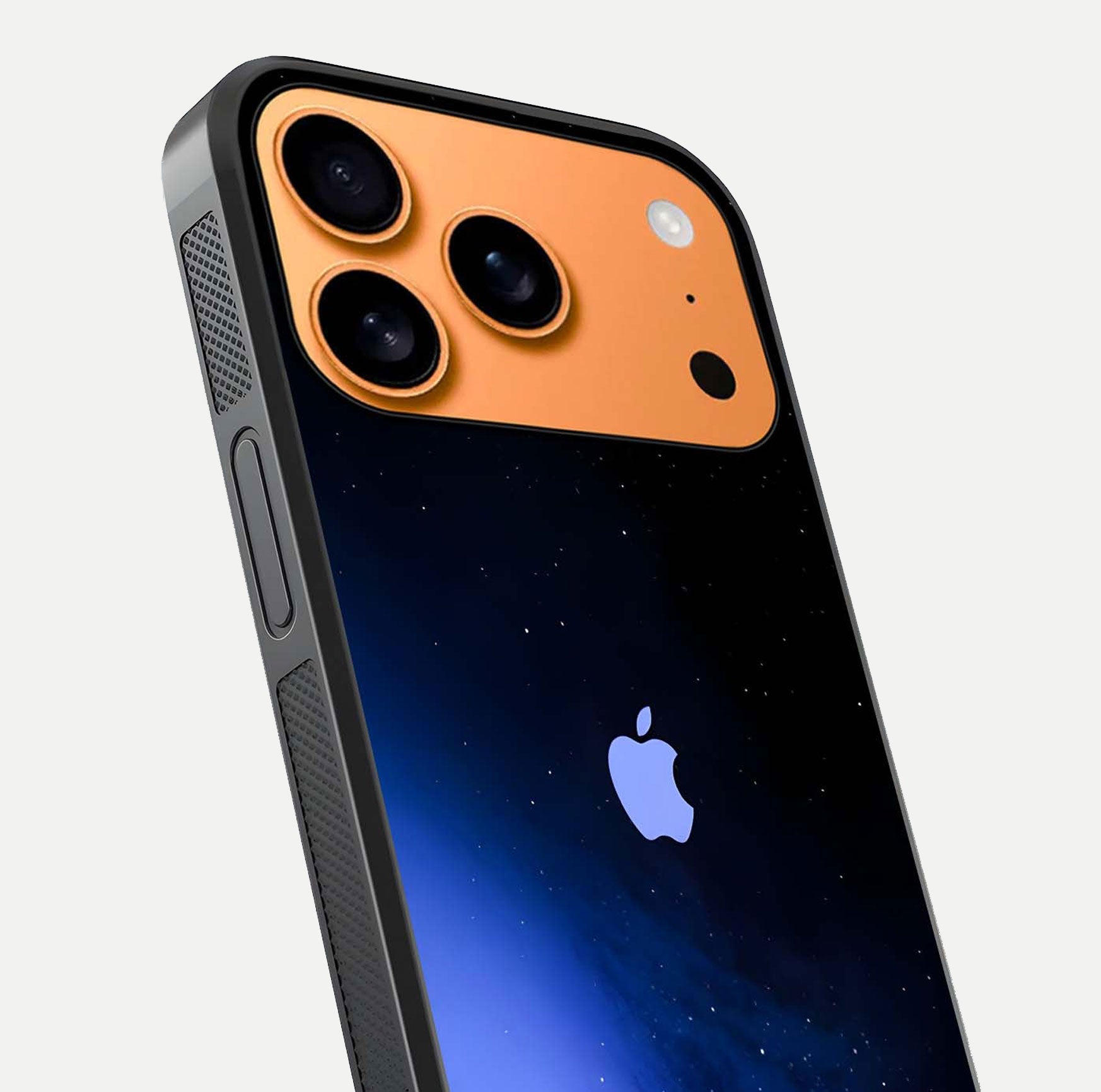 Cosmic Blue Apple Glass Case for iPhone 17 Pro Max close-up highlighting galaxy pattern, shine, and reflection detail