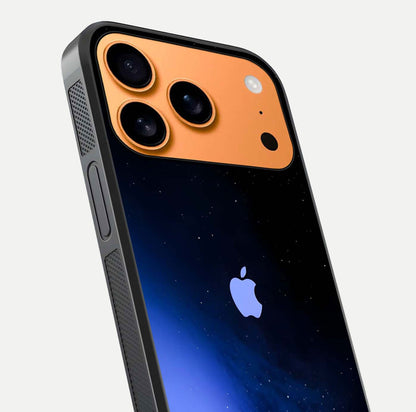 Cosmic Blue Apple Glass Case for iPhone 17 Pro Max close-up highlighting galaxy pattern, shine, and reflection detail