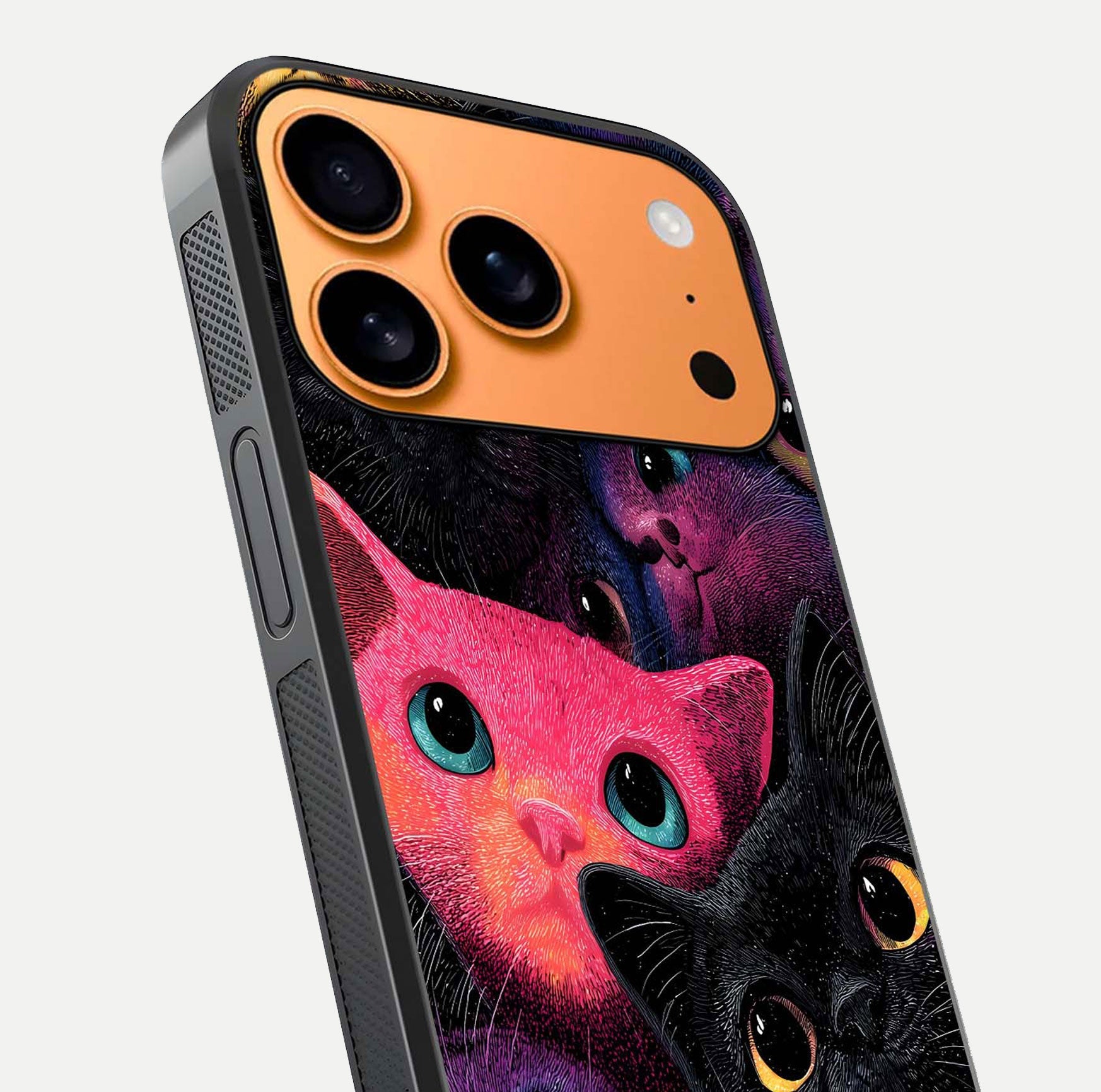 Cosmic Cats Dreams Glass Case for iPhone 17 Pro Max close-up highlighting cats and cosmic glow reflection