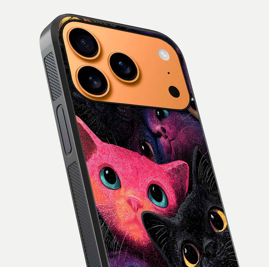 Cosmic Cats Dreams Glass Case for iPhone 17 Pro Max close-up highlighting cats and cosmic glow reflection