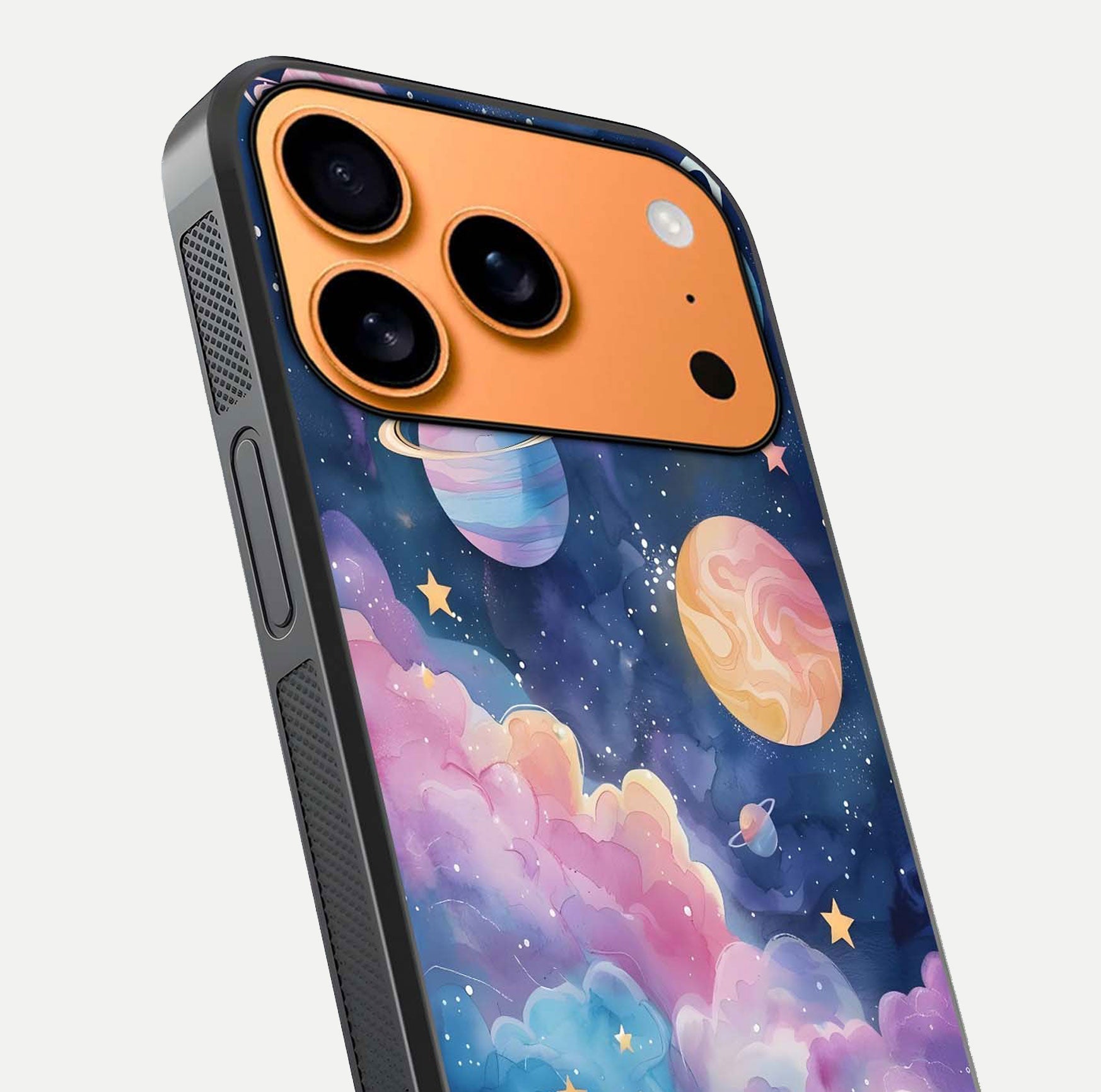 Cosmic Planet Dreams Glass Case for iPhone 17 Pro Max close-up highlighting planetary details and reflection glow