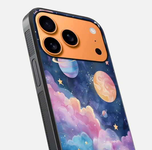 Cosmic Planet Dreams Glass Case for iPhone 17 Pro Max close-up highlighting planetary details and reflection glow