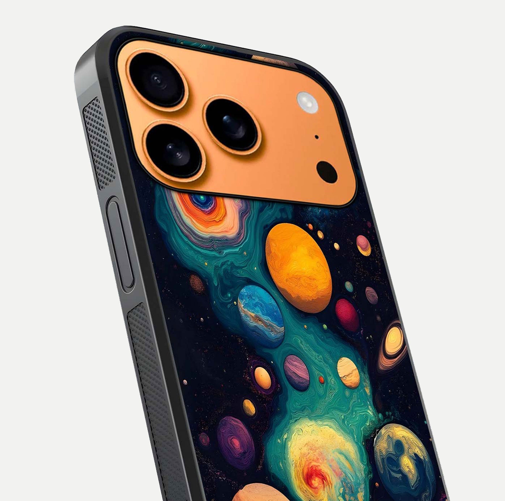 Cosmic Planet Journey Glass Case for iPhone 17 Pro Max close-up highlighting planets, stars, and shine reflection