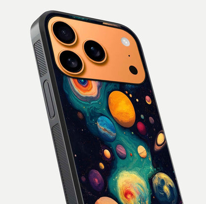 Cosmic Planet Journey Glass Case for iPhone 17 Pro Max close-up highlighting planets, stars, and shine reflection