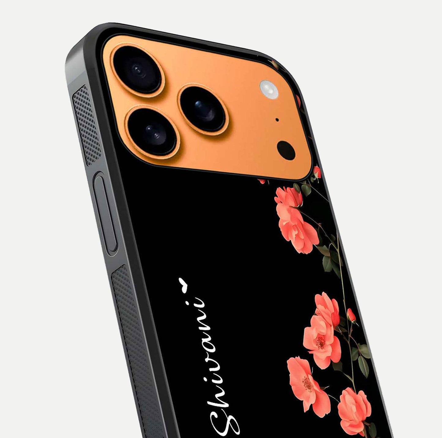 Crimson Bloom Grace Custom Name Glass Case for iPhone 17 Pro Max close-up highlighting flower pattern and reflection texture