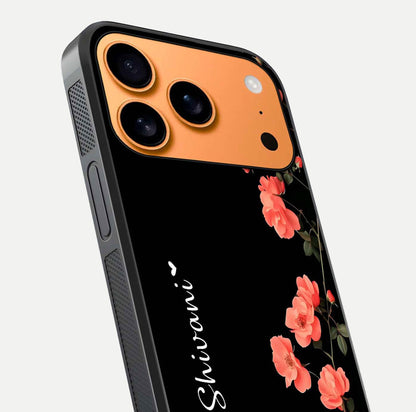 Crimson Bloom Grace Custom Name Glass Case for iPhone 17 Pro Max close-up highlighting flower pattern and reflection texture