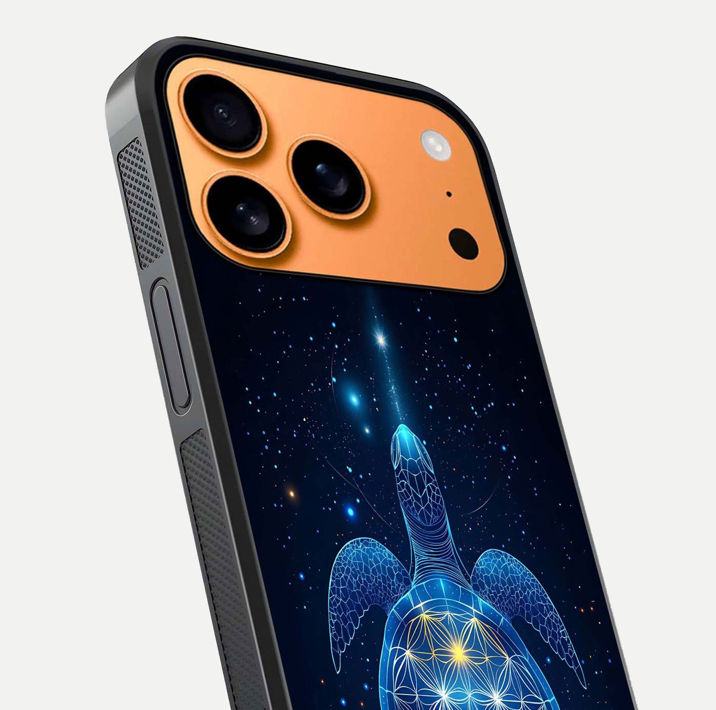 Crimson Blue Turtle Glass Case for iPhone 17 Pro Max close-up highlighting turtle shell detail and shine reflection