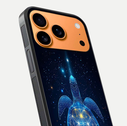 Crimson Blue Turtle Glass Case for iPhone 17 Pro Max close-up highlighting turtle shell detail and shine reflection