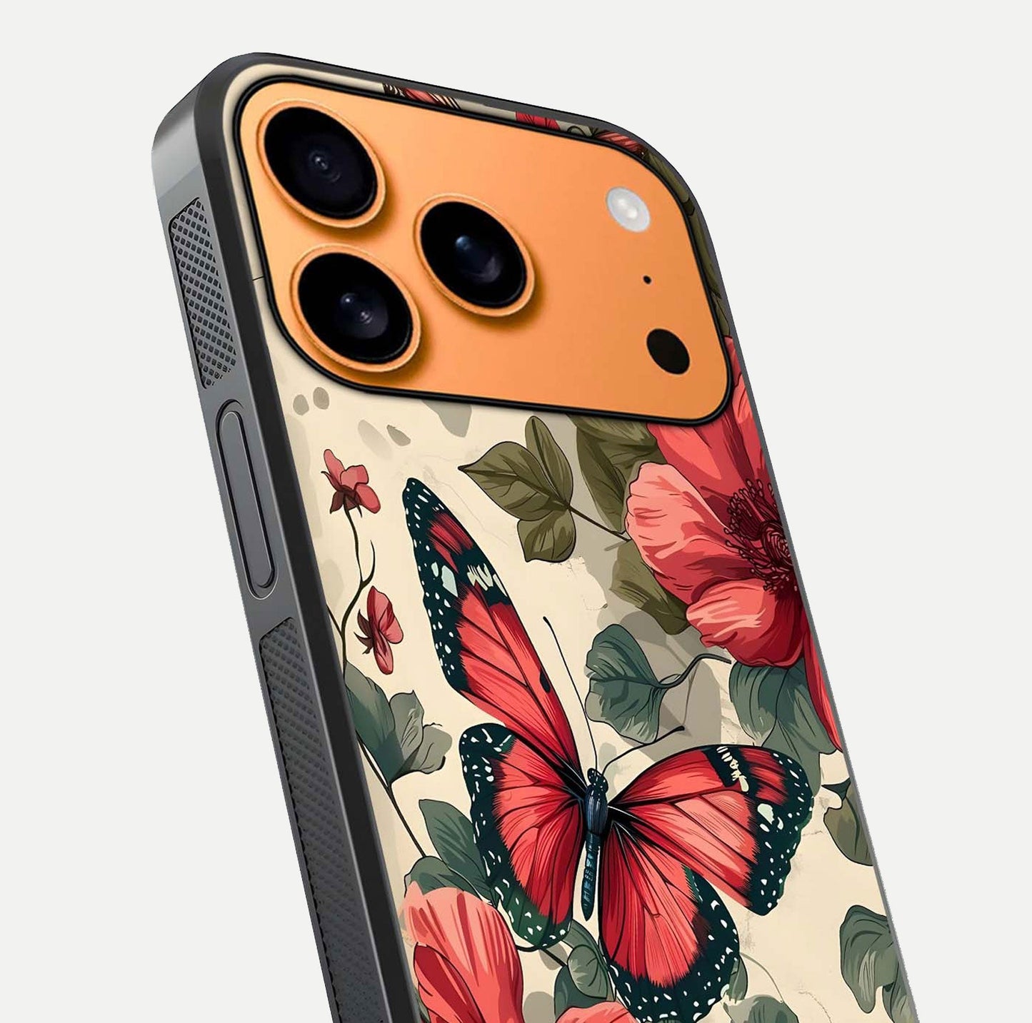 Crimson Butterfly Garden Glass Case for iPhone 17 Pro Max close-up showing wing detail and reflection shine