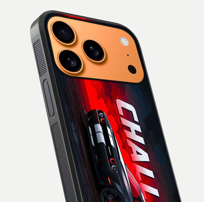Crimson Challenger Fury Glass Case for iPhone 17 Pro Max close-up highlighting car details and reflection depth
