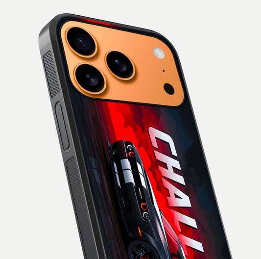 Crimson Challenger Fury Glass Case for iPhone 17 Pro Max close-up highlighting car details and reflection depth