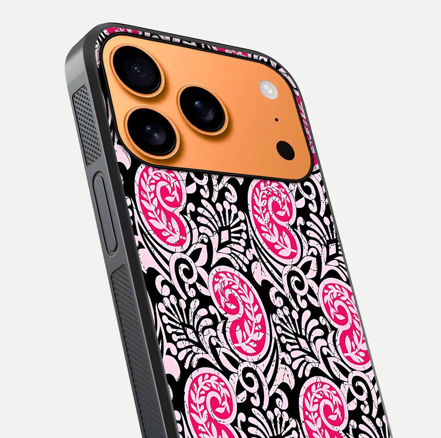 Crimson Paisley Charm Glass Case for iPhone 17 Pro Max close-up highlighting fine pattern detail and reflection tone