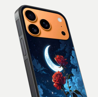 Crimson Rose Moon Glass Case for iPhone 17 Pro Max close-up showing rose detail and reflection highlight