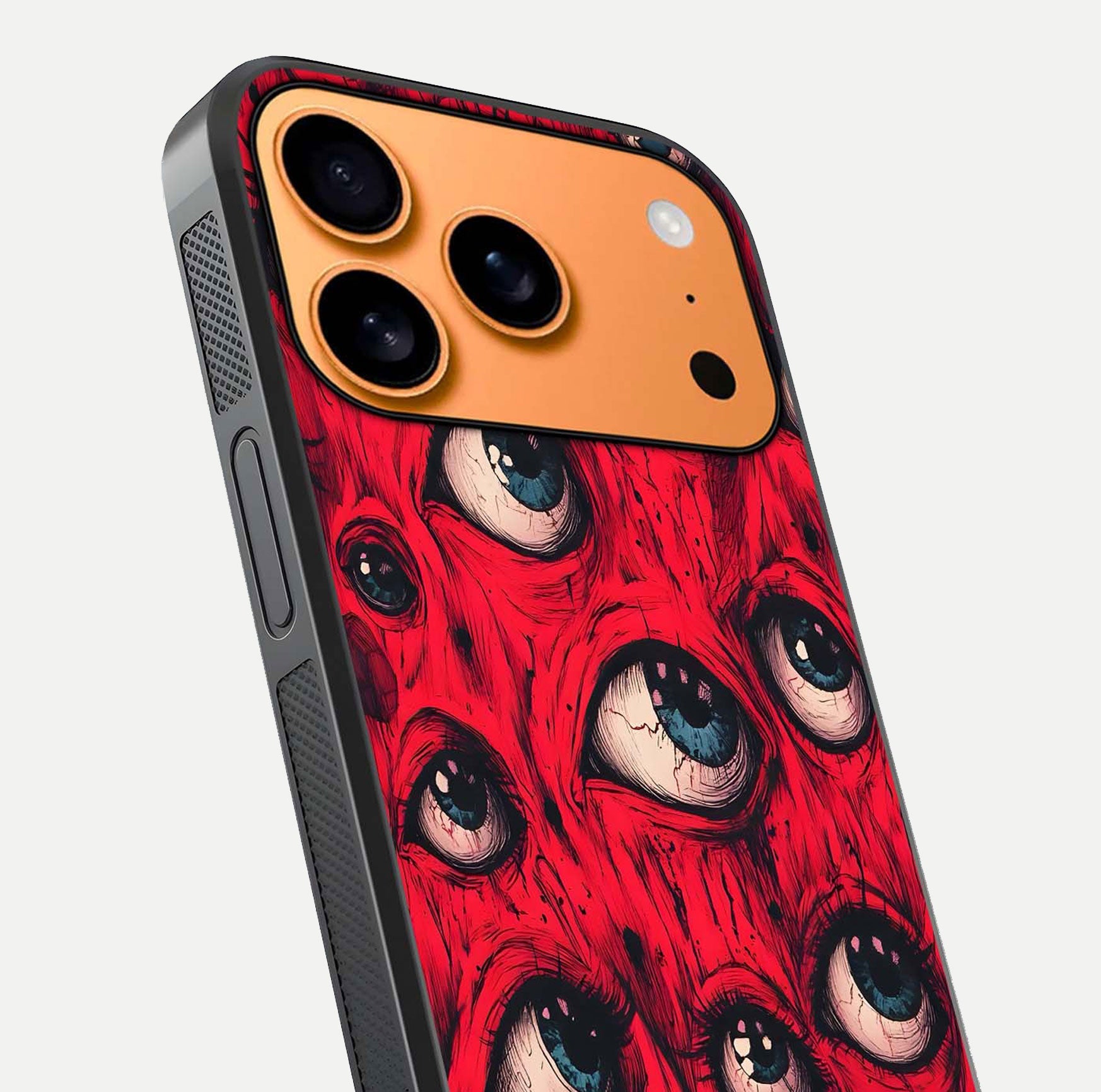 Crimson Watch Eyes Glass Case for iPhone 17 Pro Max close-up highlighting graphic detail and reflection