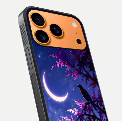 Crow & Moon Scenery Glass Case for iPhone 17 Pro Max close-up highlighting moon detail, dark tones, and glass reflection