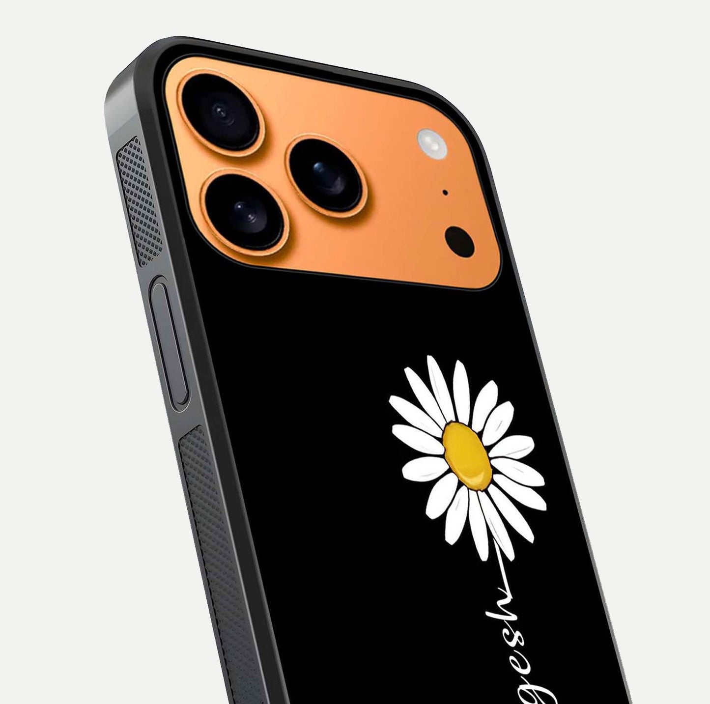 Custom Name White Flower Glass Case for iPhone 17 Pro Max close-up highlighting petals, name print, and reflection polish