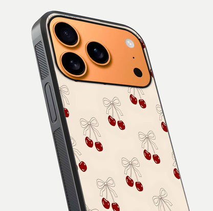 Cute Cherry Pattern Glass Case for iPhone 17 Pro Max close-up showing cherry cluster details and light reflection