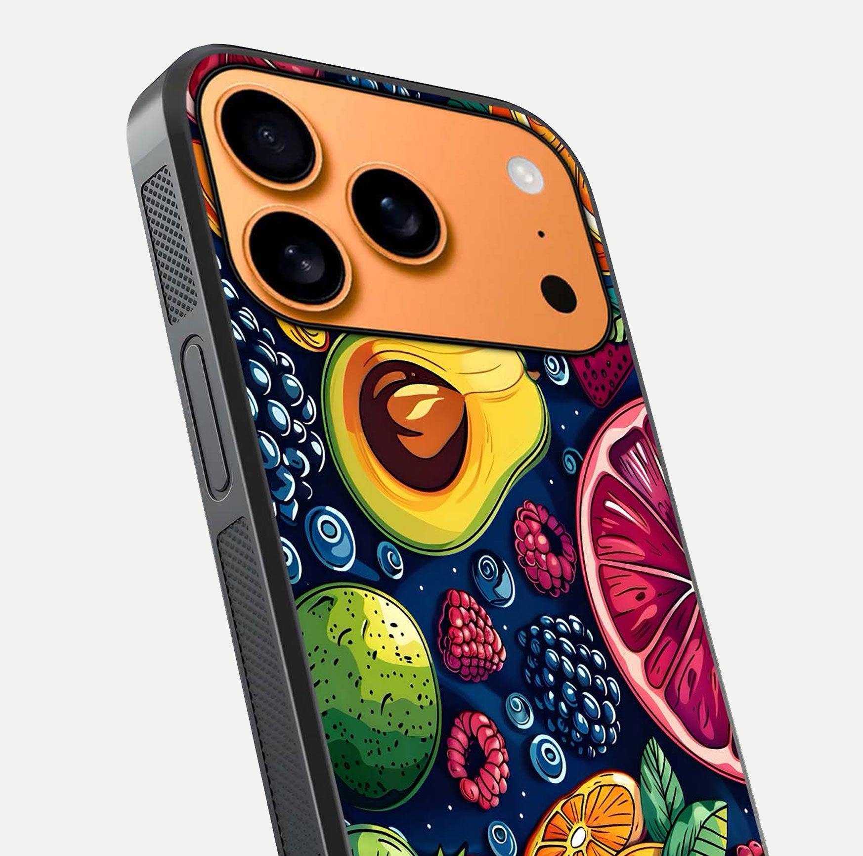 Cute Fruits Art Glass Case for iPhone 17 Pro Max close-up highlighting fruit shapes, color tones, and reflection polish