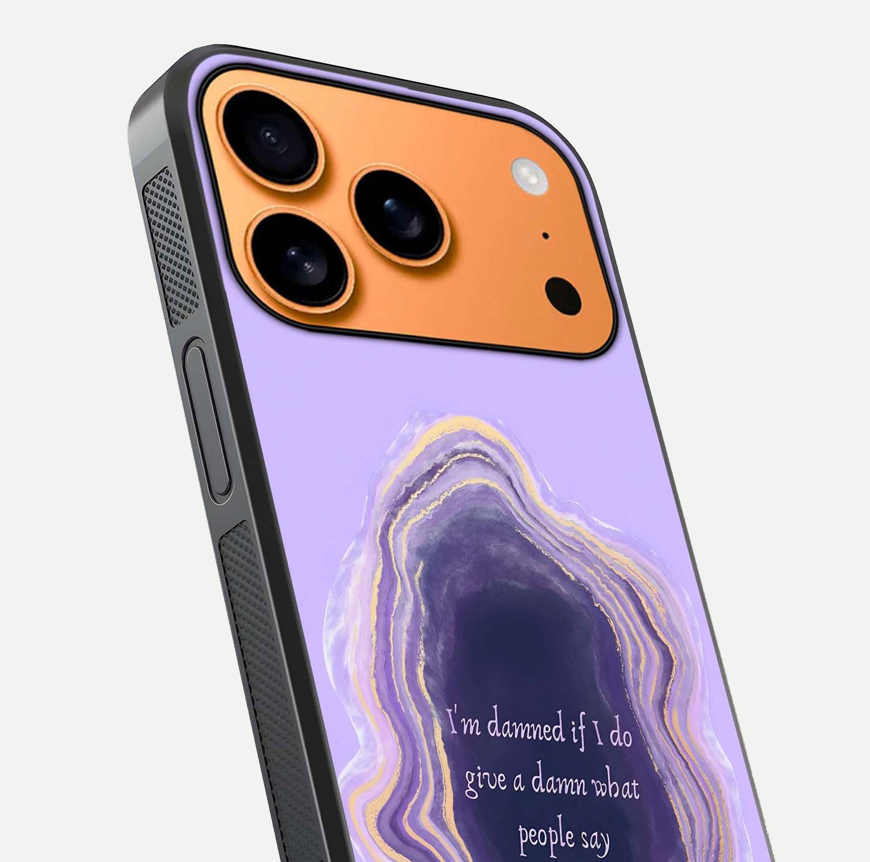 Damned People Quote Glass Case for iPhone 17 Pro Max close-up highlighting quote text and reflection depth