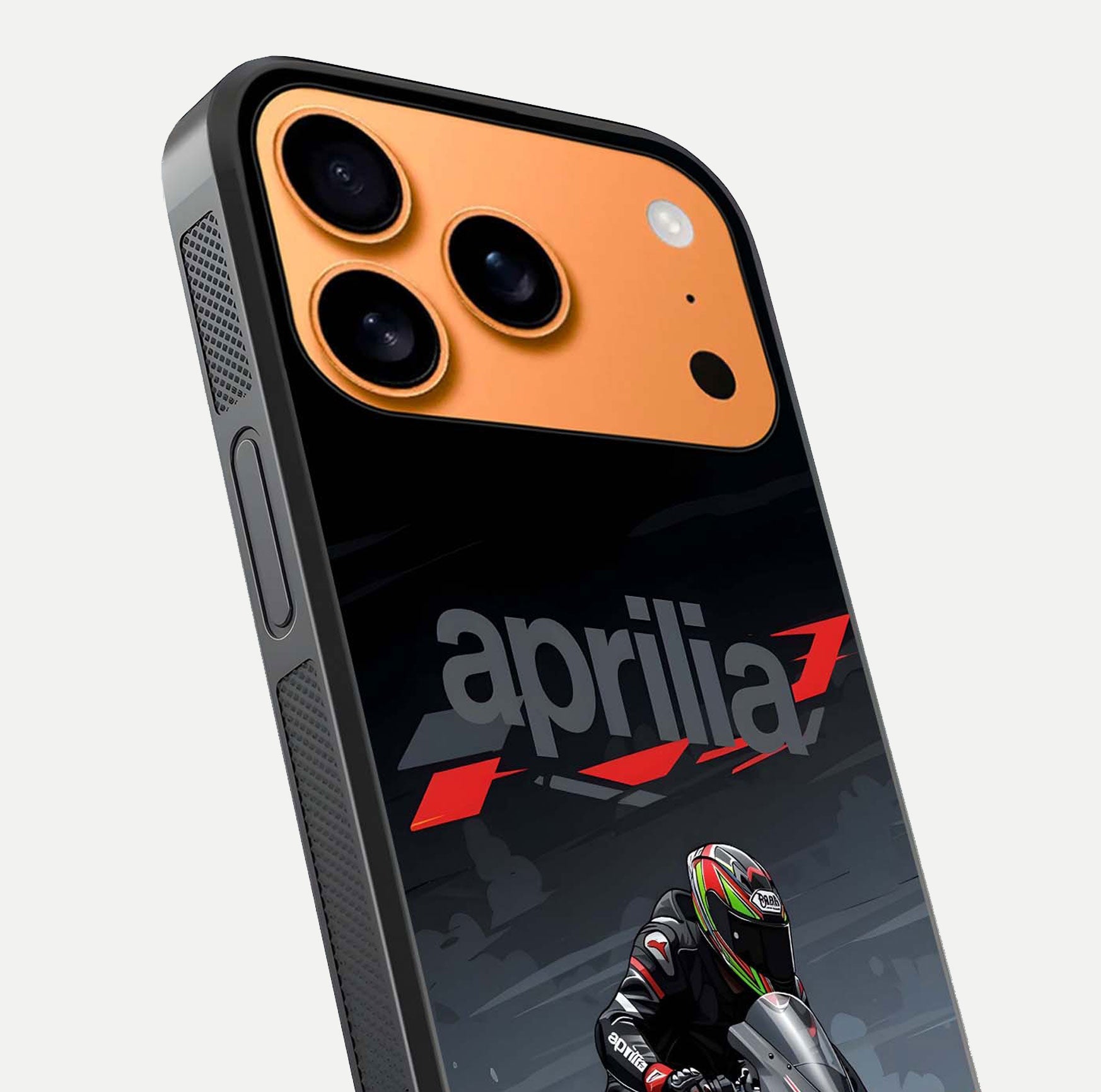Dark Aprilla Glass Case for iPhone 17 Pro Max close-up highlighting detailing and reflection effect