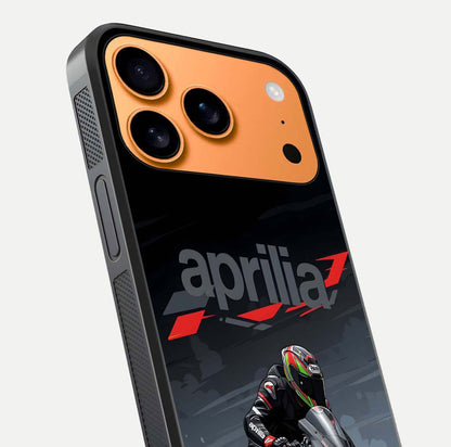 Dark Aprilla Glass Case for iPhone 17 Pro Max close-up highlighting detailing and reflection effect