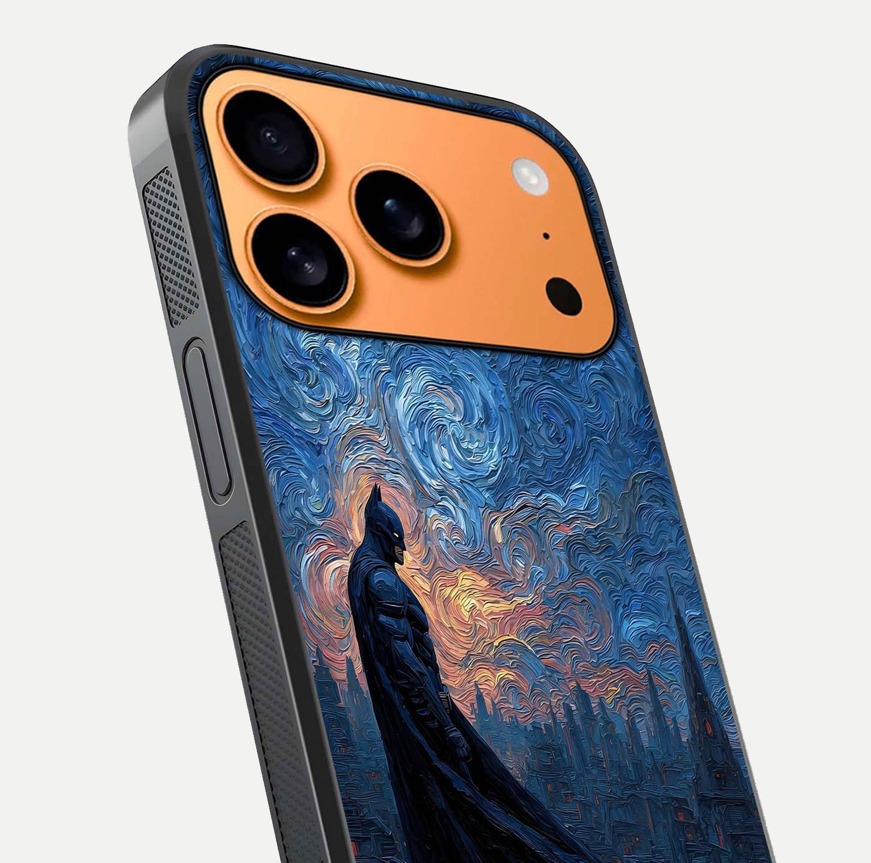 Dark Knight Dusk Glass Case for iPhone 17 Pro Max close-up highlighting dark suit texture and reflection detail