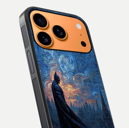 Dark Knight Dusk Glass Case for iPhone 17 Pro Max close-up highlighting dark suit texture and reflection detail
