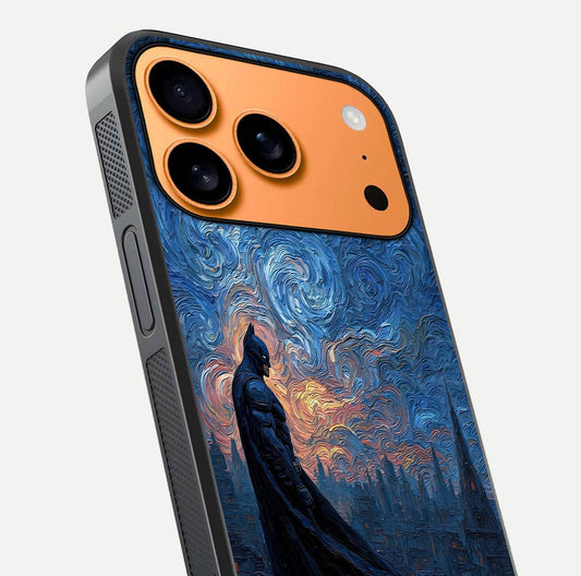 Dark Knight Dusk Glass Case for iPhone 17 Pro Max close-up highlighting dark suit texture and reflection detail