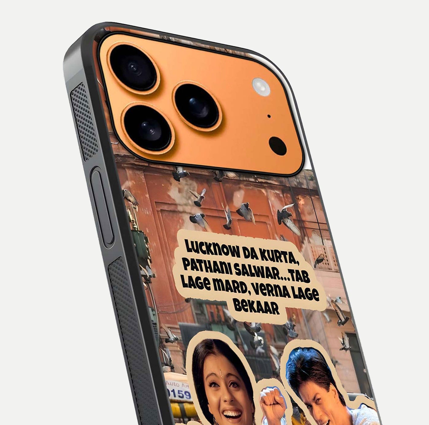 Desi Retro Vibes Glass Case for iPhone 17 Pro Max close-up highlighting retro color palette and reflection glow