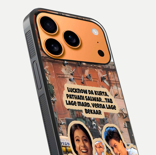 Desi Retro Vibes Glass Case for iPhone 17 Pro Max close-up highlighting retro color palette and reflection glow