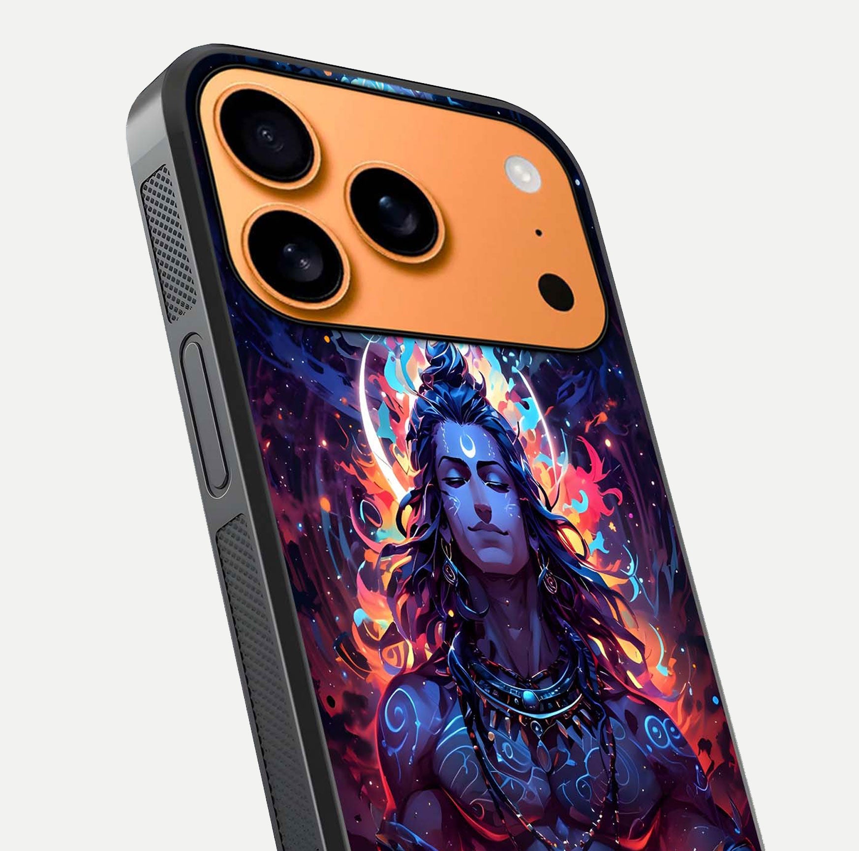 Divine Fire Shiv Glass Case for iPhone 17 Pro Max close-up highlighting divine detailing and reflection depth