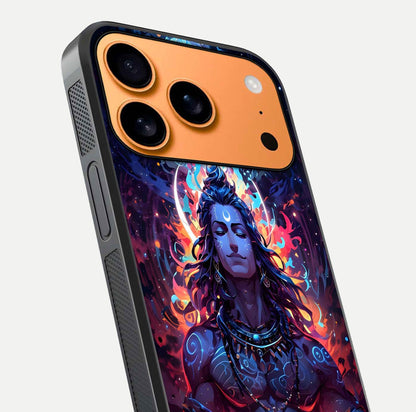 Divine Fire Shiv Glass Case for iPhone 17 Pro Max close-up highlighting divine detailing and reflection depth