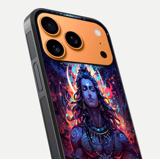 Divine Fire Shiv Glass Case for iPhone 17 Pro Max close-up highlighting divine detailing and reflection depth