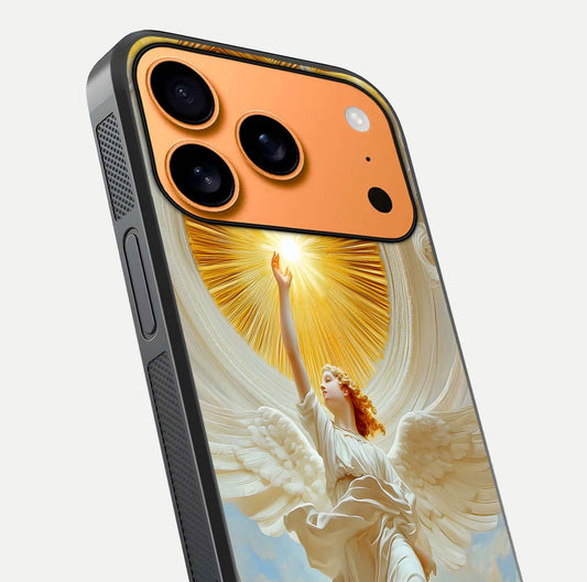 Divine Light Angel Glass Case for iPhone 17 Pro Max close-up highlighting light rays and glass reflection