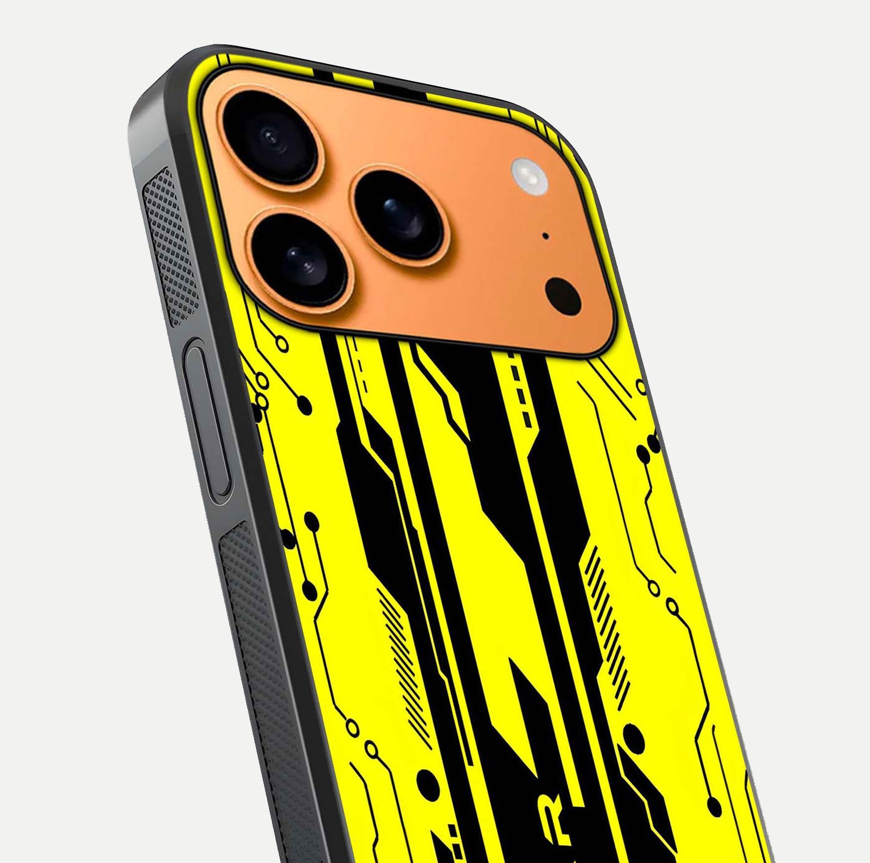 Electric Pulse CYBERPUNK Custom Name Glass Case for iPhone 17 Pro Max close-up highlighting tech pattern, lighting effect, and reflection shine